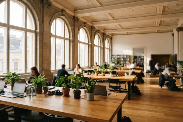 Unternehmensgründungen Wien: heller Coworking-Space in einem Wiener Gründerzeithaus