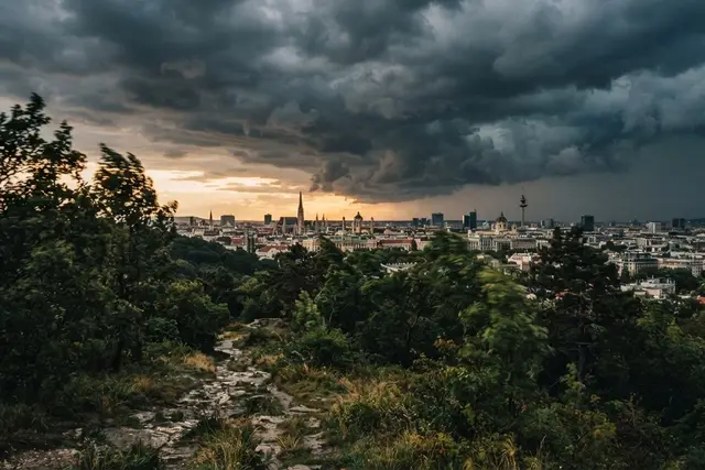 Unwetterwarnung Wien: dunkle Sturmwolken ziehen über die Stadt, Bäume im Wind