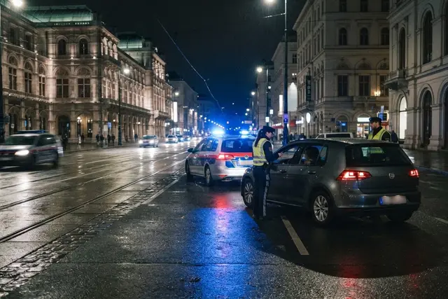 Verkehrskontrolle in Wien: Polizei kontrolliert nachts Autos auf einer Wiener Straße