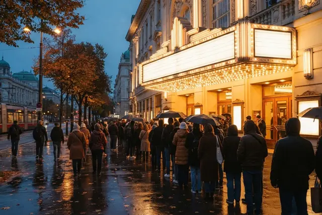 Viennale 2026: Festivalkino in der Wiener Innenstadt am Abend mit wartendem Publikum