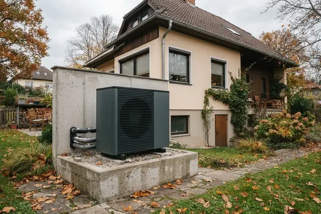 Wärmepumpe im Bestand: Außengerät neben einem älteren Einfamilienhaus im Herbst