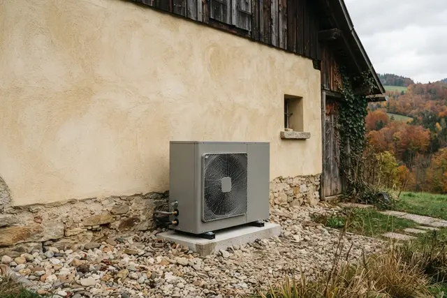 Wärmepumpe R290: Monoblock-Außengerät vor einem Bauernhaus in der Steiermark
