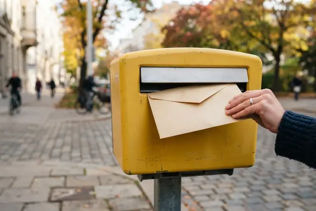 Hand wirft Kuvert in Briefkasten als Symbolbild zum Thema Wahlkarte beantragen