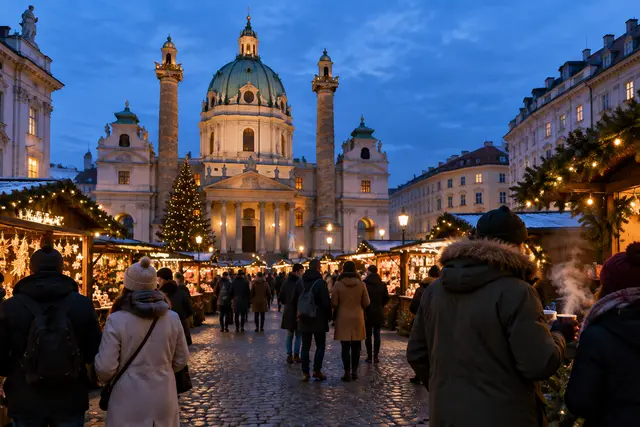 Weihnachtsmärkte Wien 2026: beleuchtete Marktstände vor barocker Kulisse am Abend