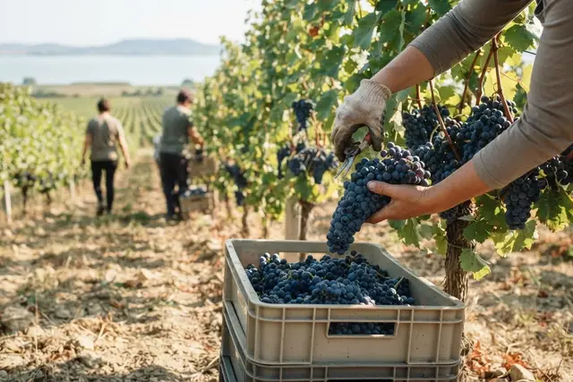 Weinlese 2026 im Burgenland: Blaue Trauben werden im Weingarten geerntet