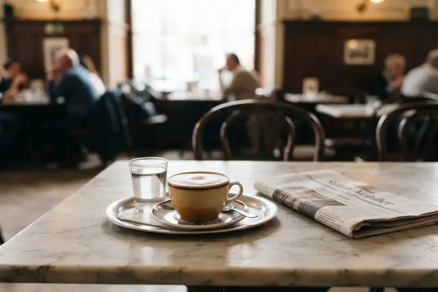 Wiener Kaffeehaus: Melange auf Silbertablett mit Glas Wasser am Marmortisch