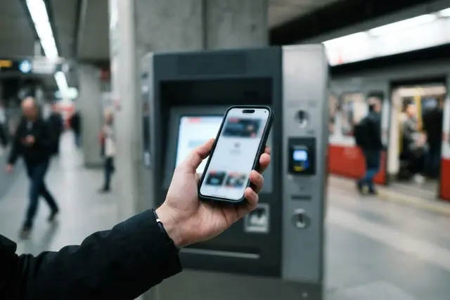 Wiener Linien Jahreskarte: Smartphone vor Fahrkartenautomat in einer U-Bahn-Station