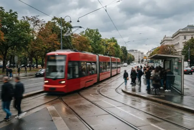 Wiener Linien Tarife 2027: Rote Straßenbahn fährt an einer Haltestelle in Wien vorbei