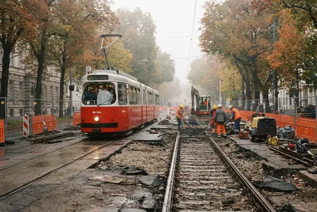 Wiener Öffis Baustellen: Straßenbahn vor einer Gleisbaustelle im Herbst