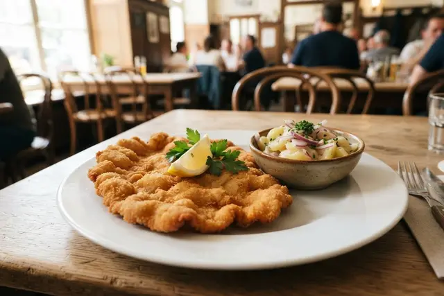 Wiener Schnitzel vom Kalb mit Zitrone und Erdäpfelsalat auf dem Teller