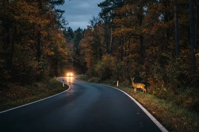 Wildunfall: Reh am Straßenrand einer Landstraße im Burgenland in der Dämmerung