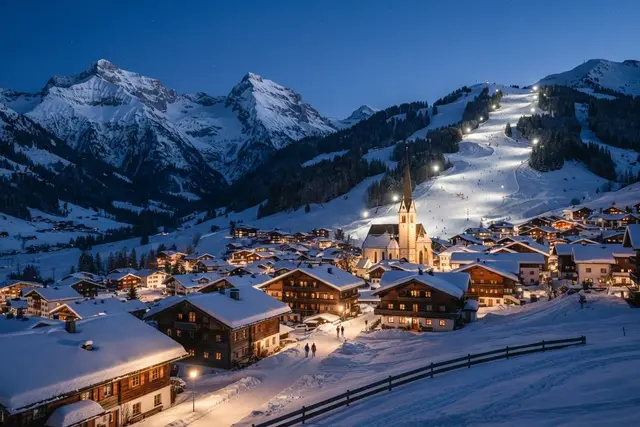 Winterurlaub in Österreich: Verschneites Bergdorf in Vorarlberg zur blauen Stunde