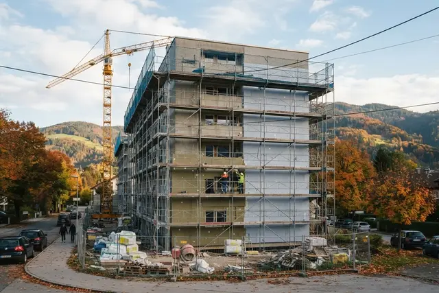 Wohnbauförderung Österreich: Wohnhaus mit Gerüst während einer thermischen Sanierung