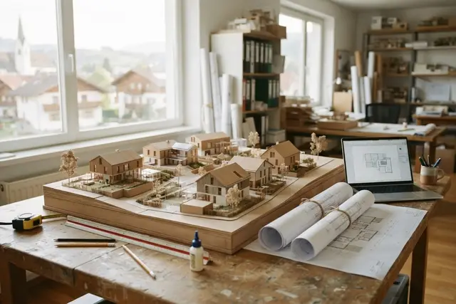 Wohnbauförderung: Architekturmodell einer Wohnsiedlung neben Bauplänen auf einem Tisch