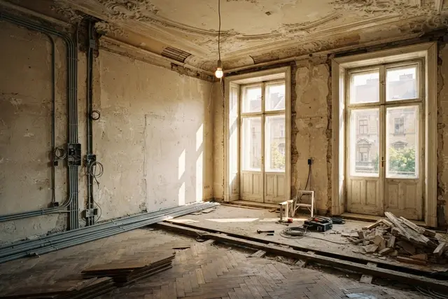 Wohnungssanierung Wien: Leere Altbauwohnung mit Stuckdecke während der Renovierung