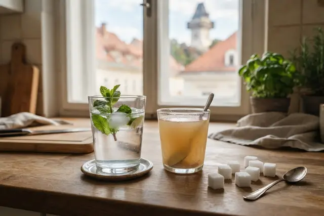 Zucker reduzieren: Wasser mit Minze neben Saft und Würfelzucker auf der Küchenablage